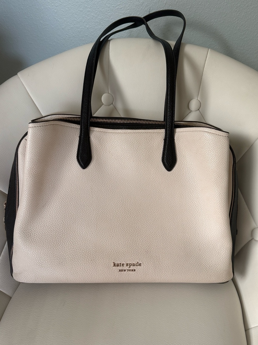 Kate Spade Hudson Colorblocked Large Work Tote Two-Tone Leather Tote Bag Cream - Picture 14 of 17